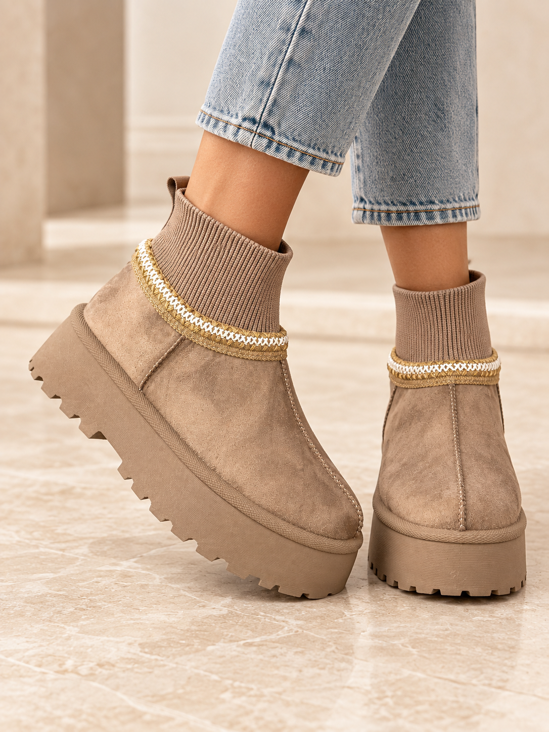Ghete Dama din Piele Ecologica Intoarsa Crem Cod: VL258P (X02)