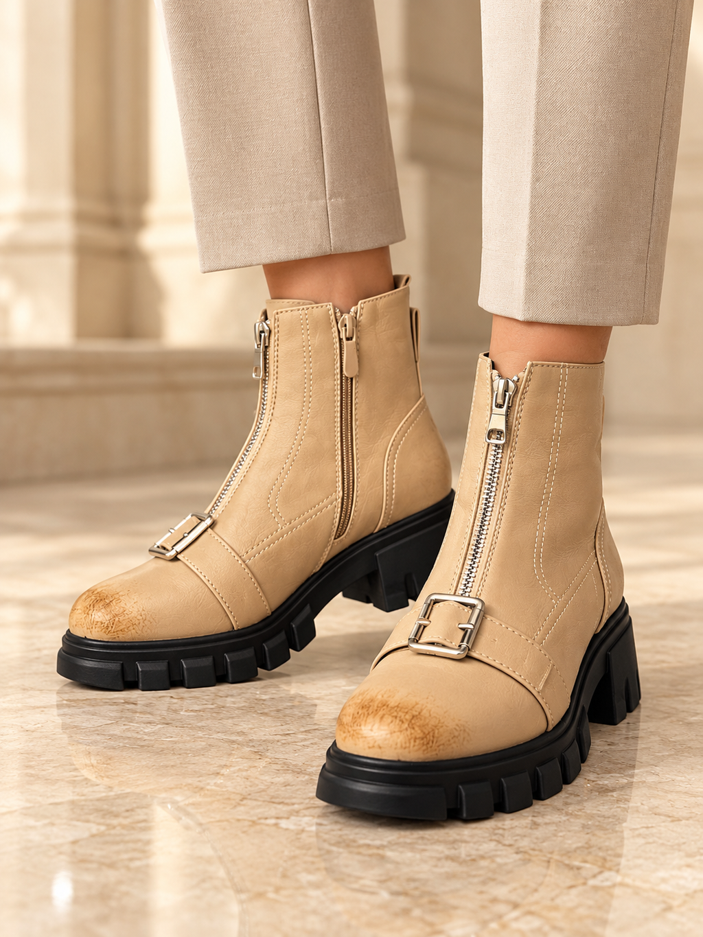 Ghete Dama din Piele Ecologica Crem Cod: A008-2 (X02)