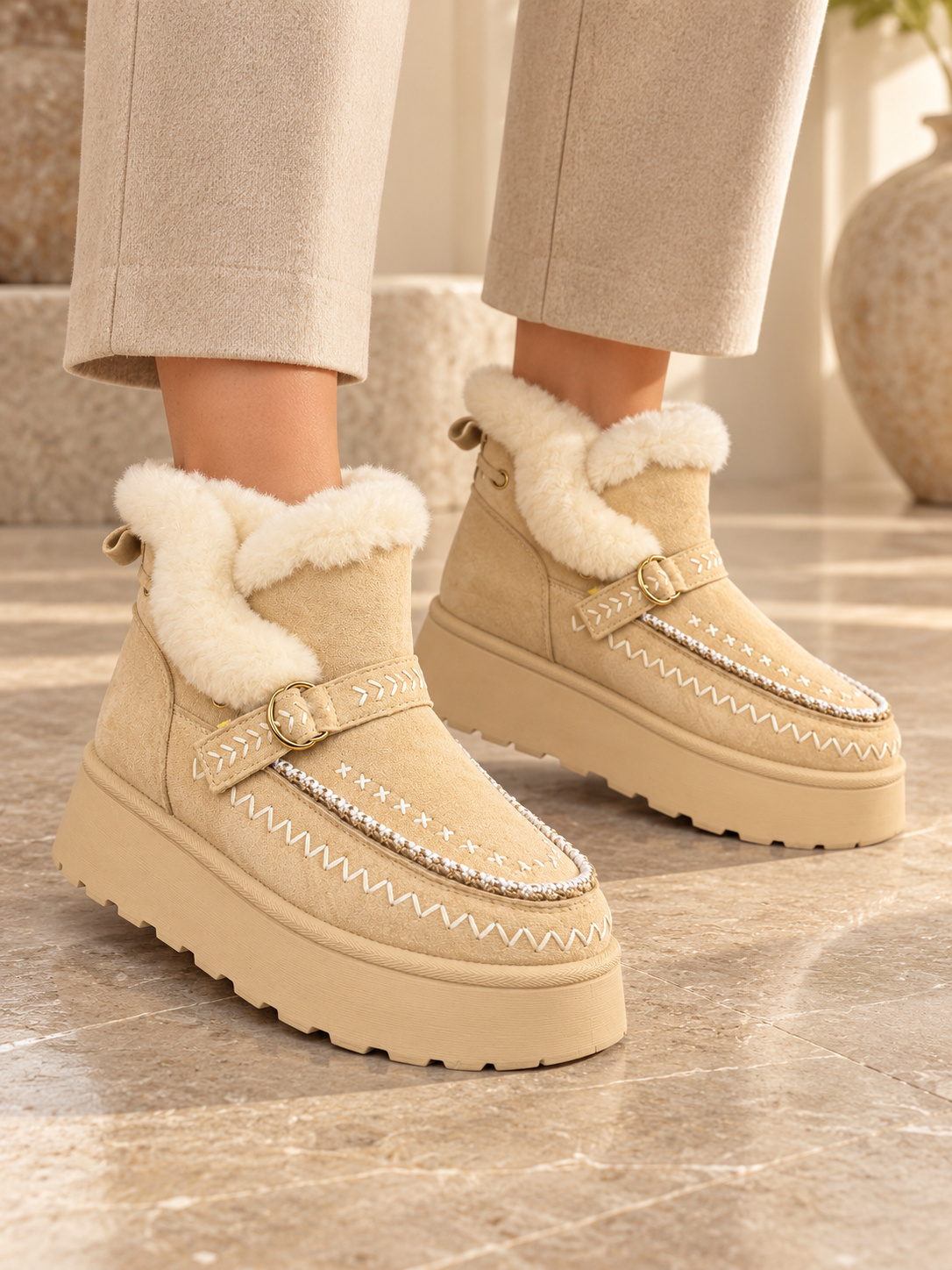Ghete Dama din Piele Ecologica Intoarsa Bej Cod: NB776 (X02)