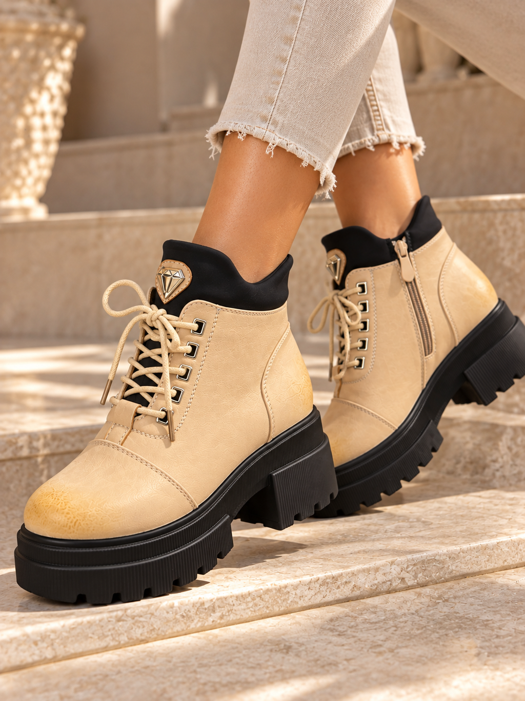 Ghete Dama din Piele Ecologica Crem Cod: 2403 (X01)