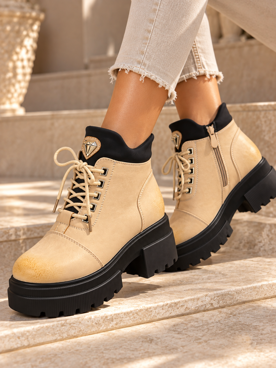 Ghete Dama din Piele Ecologica Crem Cod: 2403 (X01)