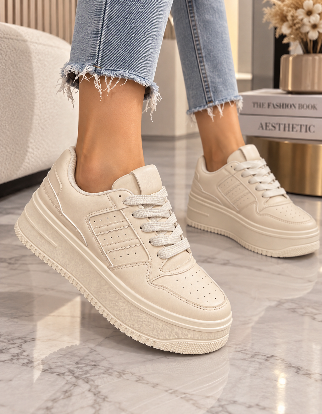 Pantofi Dama Sport din Piele Ecologica Bej Cod: RE32 (A3)